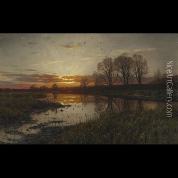 Sunset Over A Marsh Oil Painting - Peder Mork Monsted