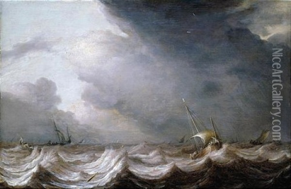Dutch Fishing Pinks And Other Small Vessels At Sea In Stormy Weather Oil Painting - Pieter Mulier the Elder