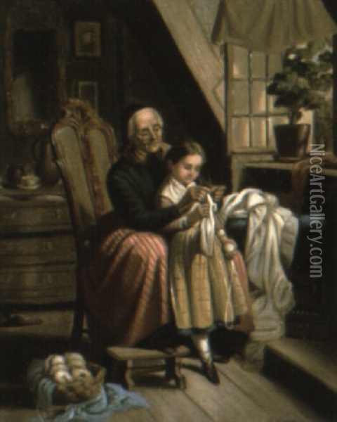 Knitting Lesson Oil Painting - William Hemsley
