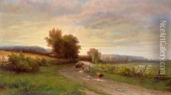Openlandscape At Evening With Farmers Returning From The Fields Oil Painting - Hendrik D. Kruseman Van Elten
