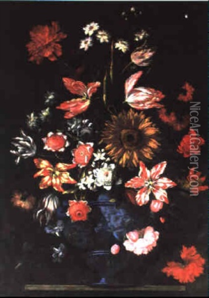 Blumenstraus In Einer Blauen Prunkvase Oil Painting - Giuseppe Recco
