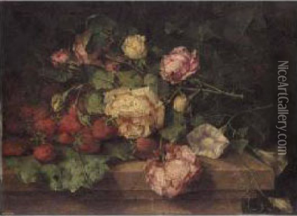 Still Life Of Roses And Strawberries Oil Painting - Margaretha Roosenboom