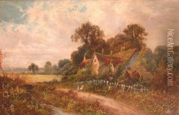 Country Landscape With House And Children On Lane Oil Painting - Octavius Thomas Clark