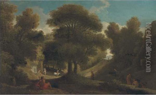 A Wooded Landscape With Figures Resting And Travellers On Atrack Oil Painting - Jan Frans Van Bloemen (Orizzonte)