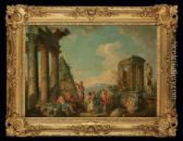 A Capriccio With Classical 
Figures Disputing Amongst Ruins, Thetemple Of The Sybil At Tivoli And 
The Pyramid Of Cestiusbeyond Oil Painting - Giovanni Niccolo Servandoni
