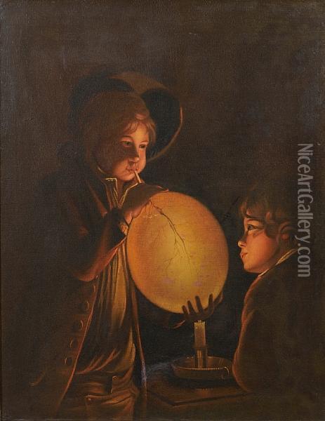 Two Boys By Candlelight, Blowing Abladder Oil Painting - Josepf Wright Of Derby