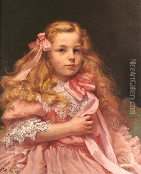 Portrait Of A Young Girl, Half Length, Wearing A Pink Dress With Ribbons In Her Hair. Oil Painting - Servais Detilleux