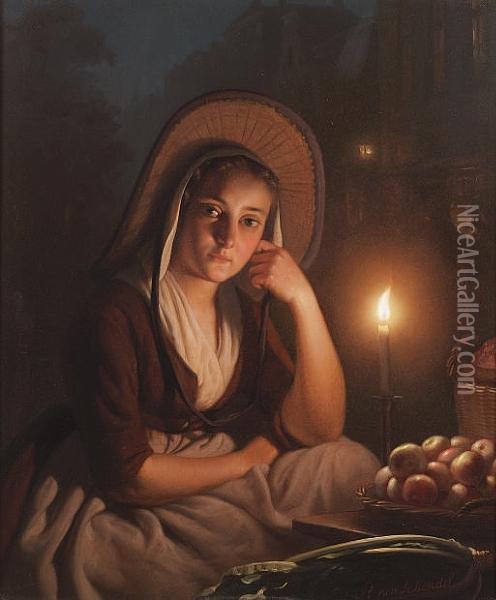 A Young Market Girl By Candlelight Oil Painting - Petrus van Schendel