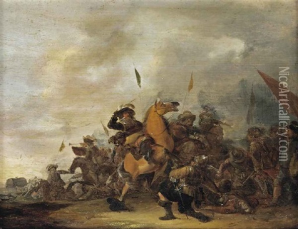 A Battle Scene With An Engagement Between Cavalry And Foot Soldiers Oil Painting - Abraham van der Hoef