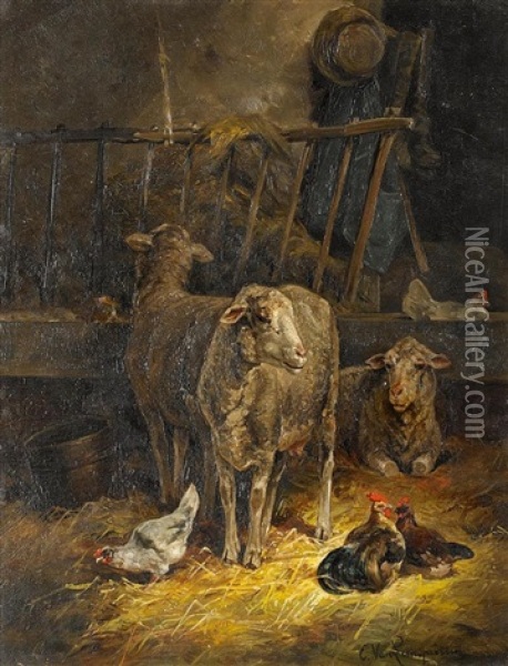 Schafe Und Federvieh Im Stall Oil Painting - Cornelis van Leemputten