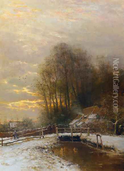 Winter Landscape with Peasant Woman and Child Oil Painting - Louis Apol