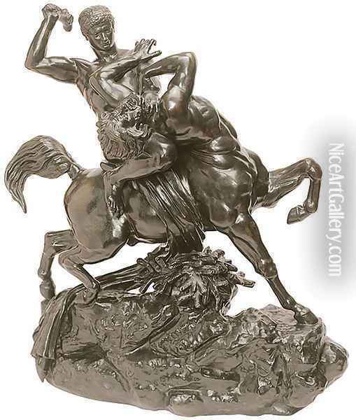 Thesee combatant le centaure Bienor (2e reduction) [detail #2] (Theseus slaying the Centaur Bienor (2nd reduction)) Oil Painting - Antoine-louis Barye