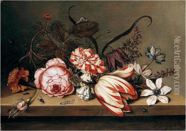 A Still Life Of A Rose, Tulip, 
Marigold, Columbine And Anemone, With Caterpillars And Flies On A Table 
Top Oil Painting - Ambrosius the Younger Bosschaert