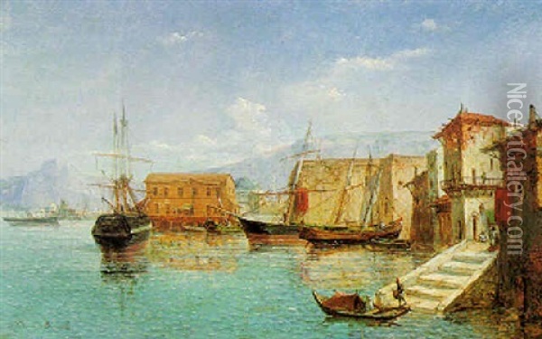 A North African Harbour Oil Painting - Jean Baptiste Henri Durand-Brager