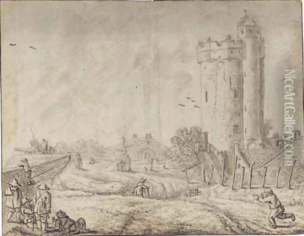Figures by the city wall of Utrecht with the Bijlhouwertoren to the right Oil Painting - Herman Saftleven