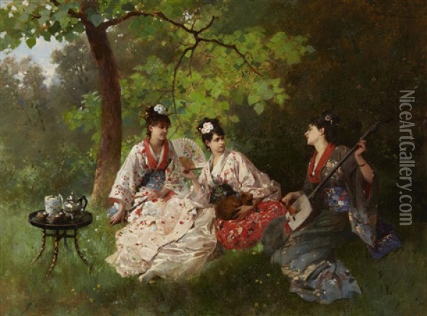 Tea Time In The Park Oil Painting - Philippe Jacques Linder
