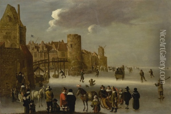 A Winter Scene With Skaters On A Frozen Canal, A Townscape At Left Oil Painting - Cornelis Beelt
