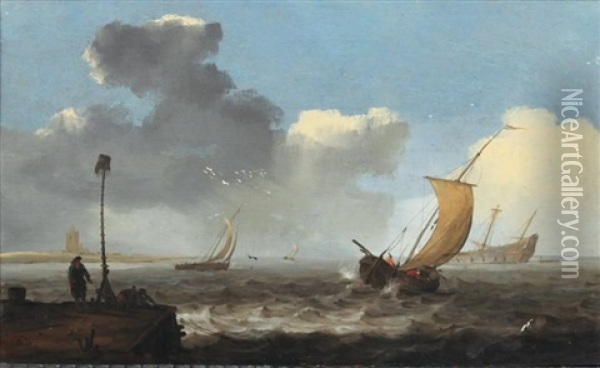 Bateaux Au Mouillage Vus Du Bord De La Digue Oil Painting - Willem van Diest