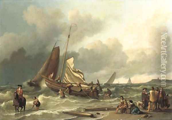A Dutch fishing boat in a squall with an elegant man on horseback in the shallow tide, other fishing vessels beyond Oil Painting - Ludolf Backhuyzen