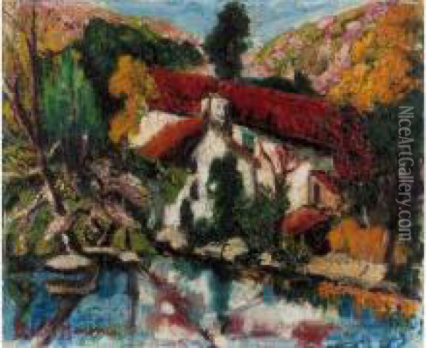 Maison Rouge Dans La Verdure A Crozant Oil Painting - Henri Perrin-Maxence