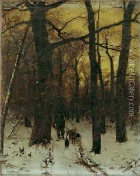 Winterwald Mit Jager. Oil Painting - Ludwig Munthe