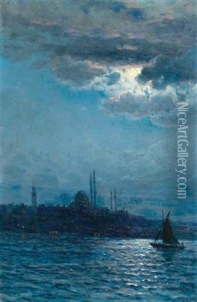 View Of Istanbul In Moonlight Oil Painting - Vartan Makokian