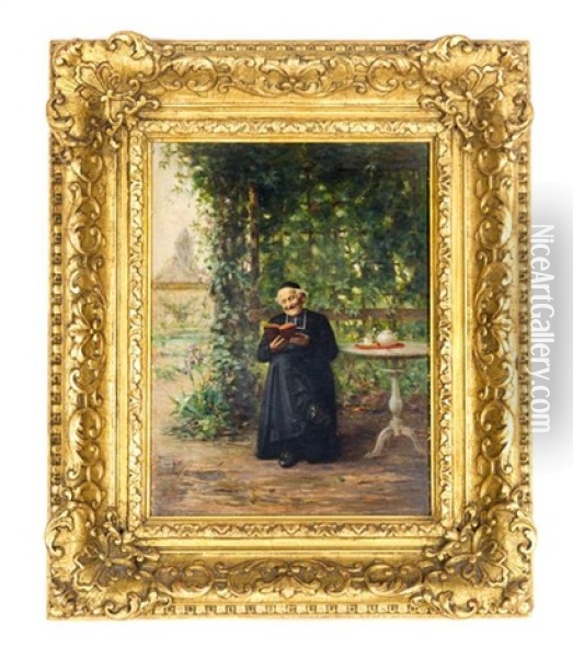 Monk Reading In A Garden Oil Painting - Vincent Jean Baptiste Chevilliard
