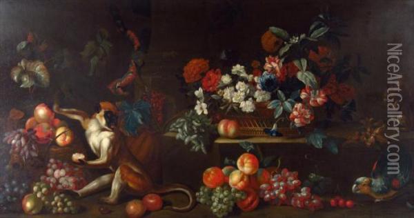 Still Life: Fruits And Flowers On A Ledge Oil Painting - Jakob Bogdani Eperjes C