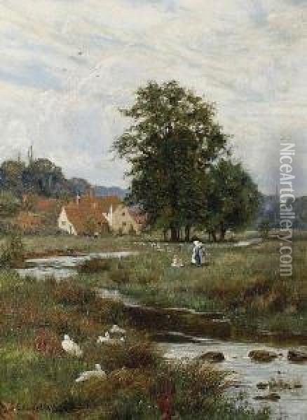 A Woman And Ducks Before A Cottage; Figures And Ducks Seated Beside A Stream Oil Painting - Edward Wilkins Waite