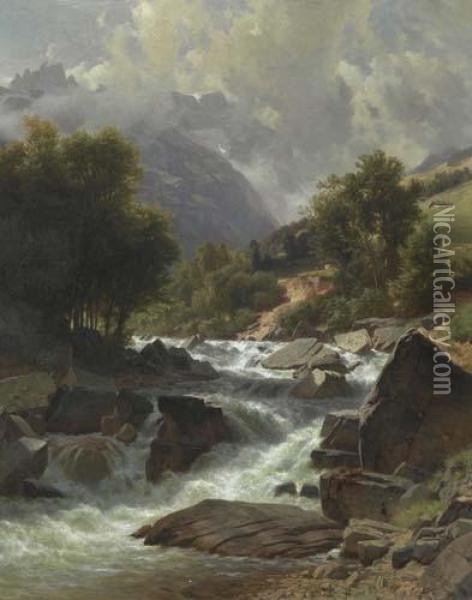 Mountain Stream. Oil Painting - Johann Gottfried Steffan