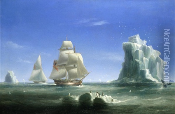 The Brig Jane And Cutter Beaufoy In The James Weddell Antarctic Expedition 1823 Oil Painting - William John Huggins