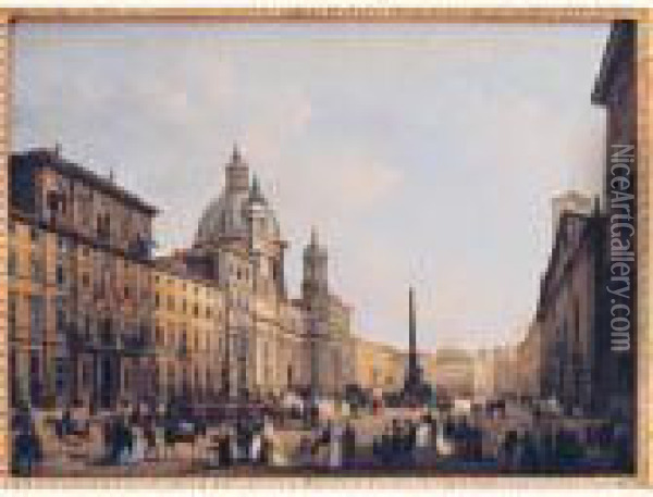 Roma, Veduta Di Piazza Navona Con Figure Eleganti Oil Painting - Giuseppe Bernardino Bison