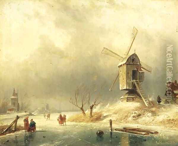 Winter figures on the ice by a windmill Oil Painting - Charles Henri Leickert