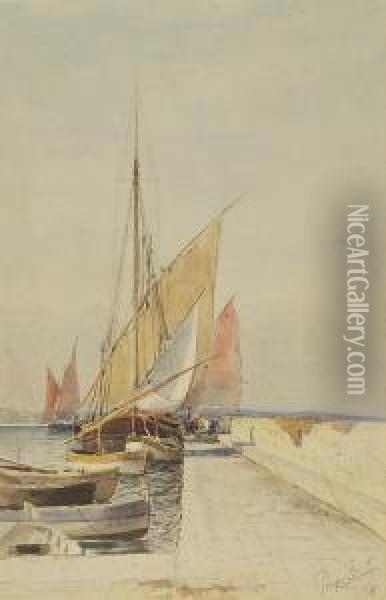 Boats At A Dock. Oil Painting - Prosper Louis Senat