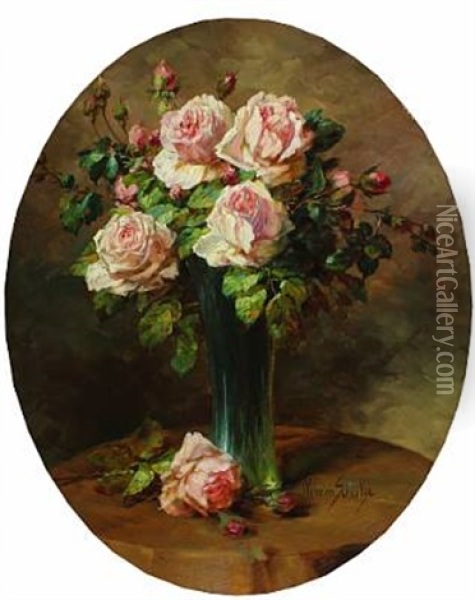 Still Life With Pink Roses In A Vase Oil Painting - Wilhelm Schuetze