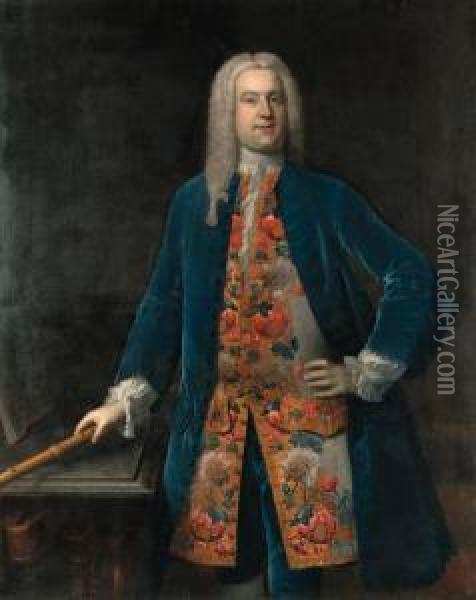 Portrait Of A Gentleman, 
Traditionally Identified As Georgefrederick Handel, 
Three-quarter-length, In A Blue Velvet Coat Andan Elaborately 
Embroidered Waistcoat, Holding A Flute, In Aninterior Oil Painting - Stephen Slaughter
