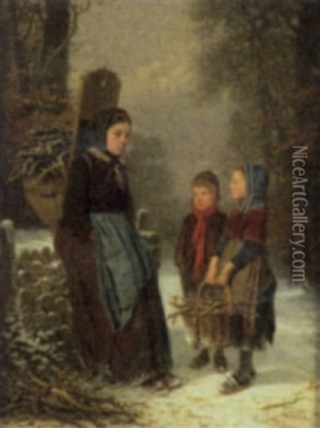 Wood Gatherers In The Winter Oil Painting - Louis Simon Cabaillot Lassalle