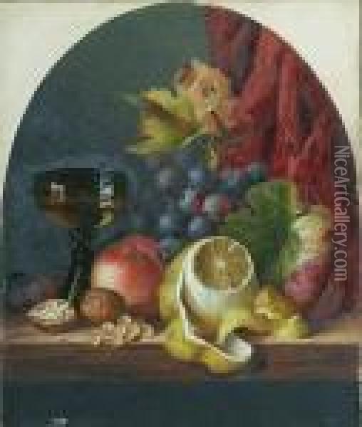 Still Life With Assorted Fruit, Nuts, And A Glass Of Wine, On A Ledge Oil Painting - Edward Ladell