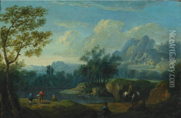 Wooded Landscape With Travellers And Figures Fishing Oil Painting - Johann Gabriel Canton