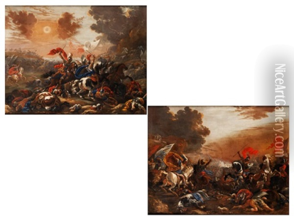 Reiterschlachten In Weiter Landschaft (pair) Oil Painting - Vincent Adriaenssen