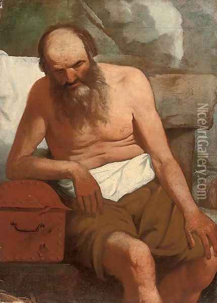 An old man leaning on a casket Oil Painting - Georges de La Tour