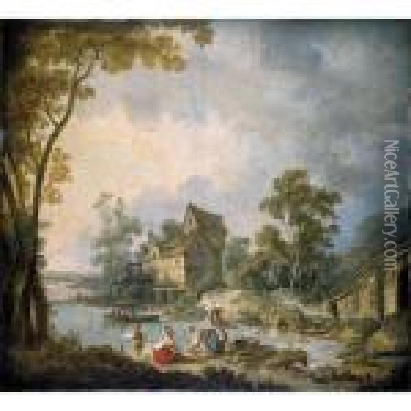 Mill Scene With Women Washing 
Clothes In A River A Boy Fishing Nearby Oil Painting - Jean-Baptiste Le Prince