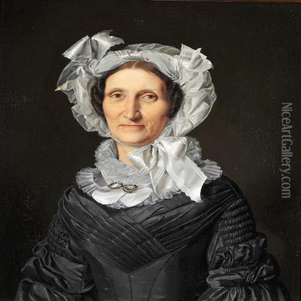 An Elegant Woman In A Black Dress And A White Bonnet With Bows Oil Painting - Just Holm