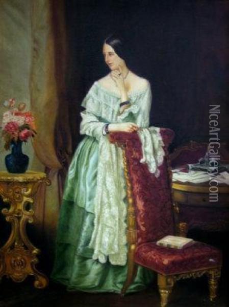Portrait Of A Young Queen Victoria, Standing Fill-length In An Interior Oil Painting - Franz Xavier Winterhalter