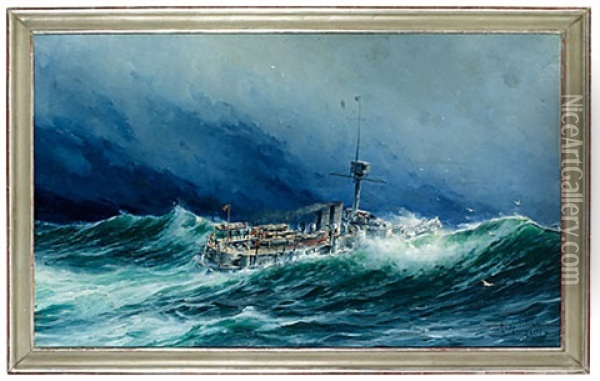 Pansarbaten "gota" I Storm Pa Nordsjon Oil Painting - Herman Gustav af Sillen