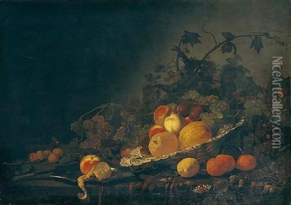 Still Life Of Quinces, Plums, Peaches And Grapes In A Silver Salver, Together With A Peach And A Peeled Lemon On A Silver Plate, A Knife, Grapes, Oranges, Lemons And Apricots On A Table Partly Draped With A Red Cloth Oil Painting - Abraham Van Calraet