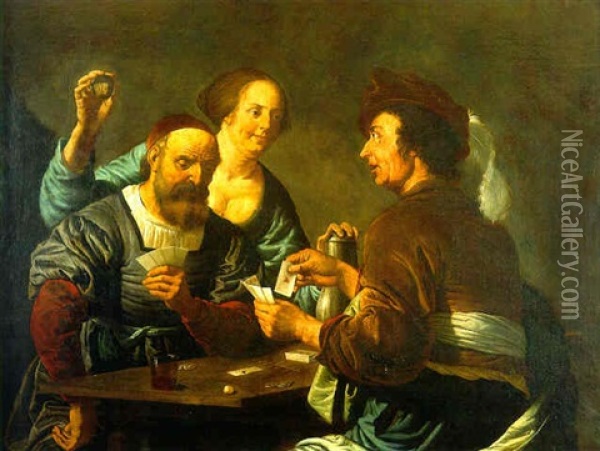 Cardsharps In An Interior Oil Painting - Christian van Couwenbergh