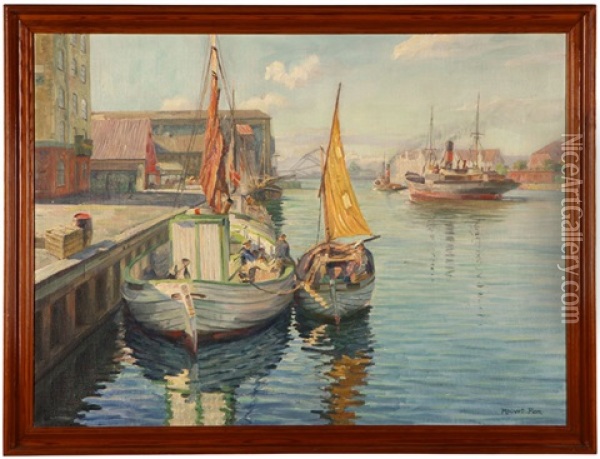 Danish Harbor With Boats And Figures Oil Painting - Robert Panitzsch