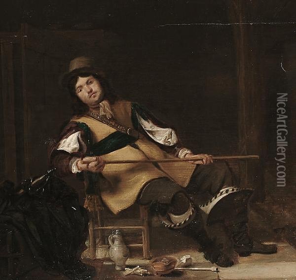 A Cavalier Seated, Holding A Cane, In A Guardroom, With A Flagon And Smoking Implements At His Feet Oil Painting - Simon Kick