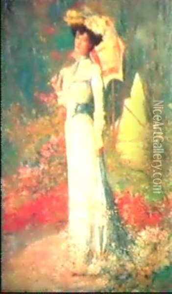Kvinna Med Parasoll I Blommande Tradgard Oil Painting - Marius Ernest Joseph Azema